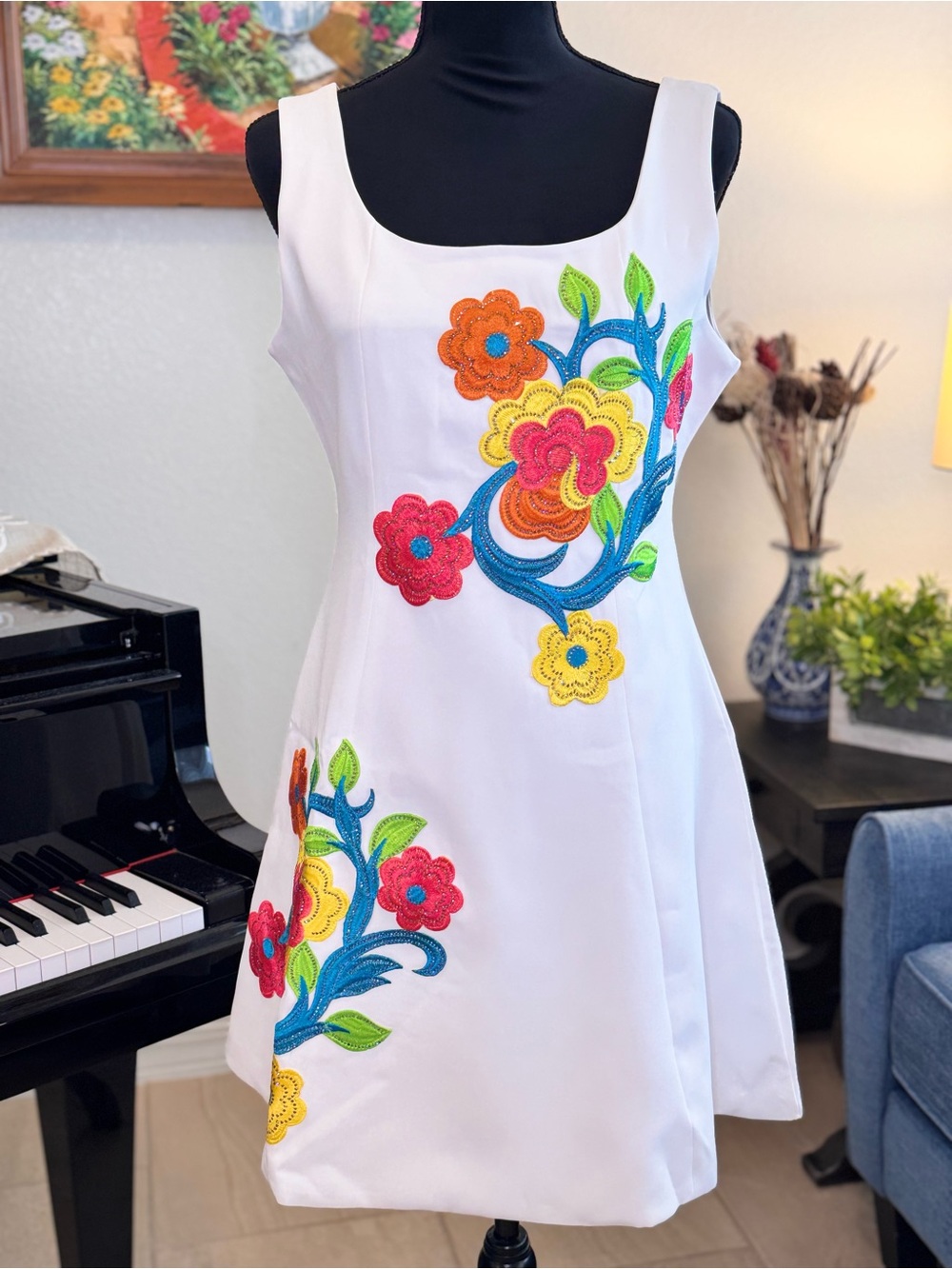 White Floral Embroidered A-Line Dress
